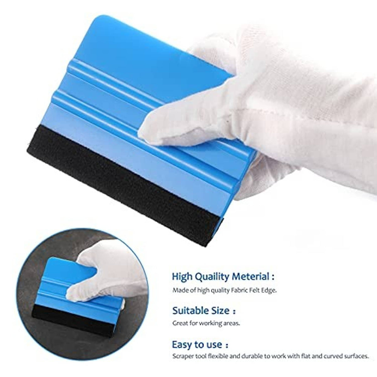 Blue plastic squeegee tool with black felt pad for smoothing vinyl and film