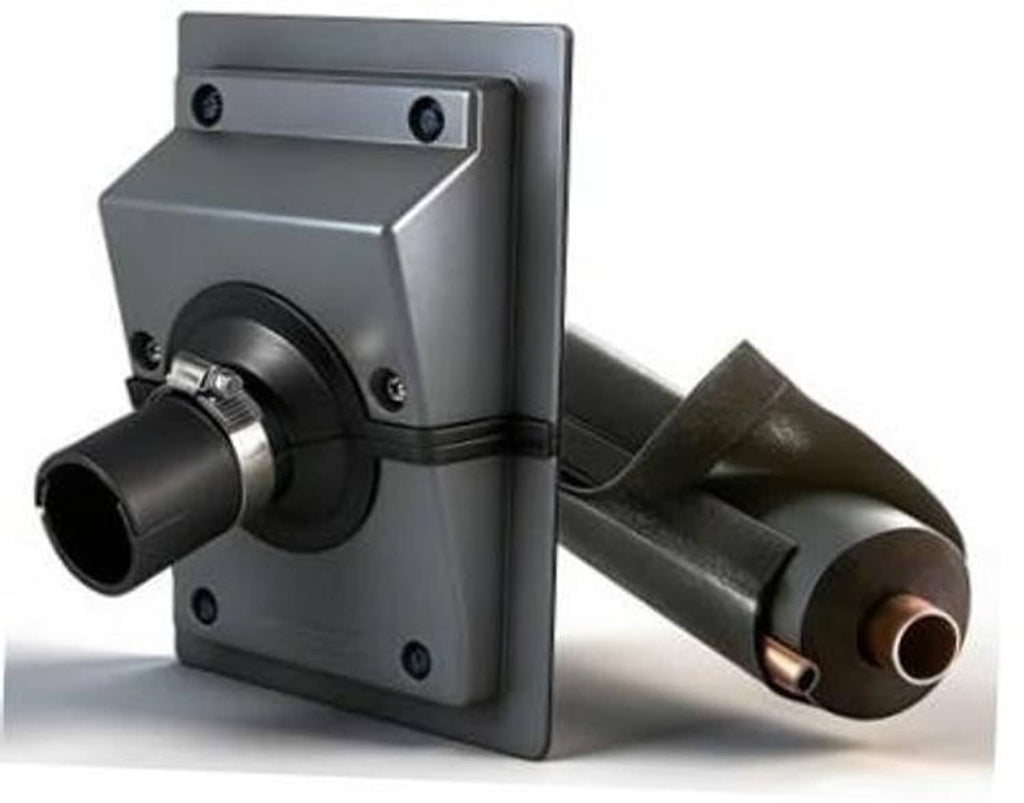 Gray wall penetration cover with black pipe opening and insulated line boots