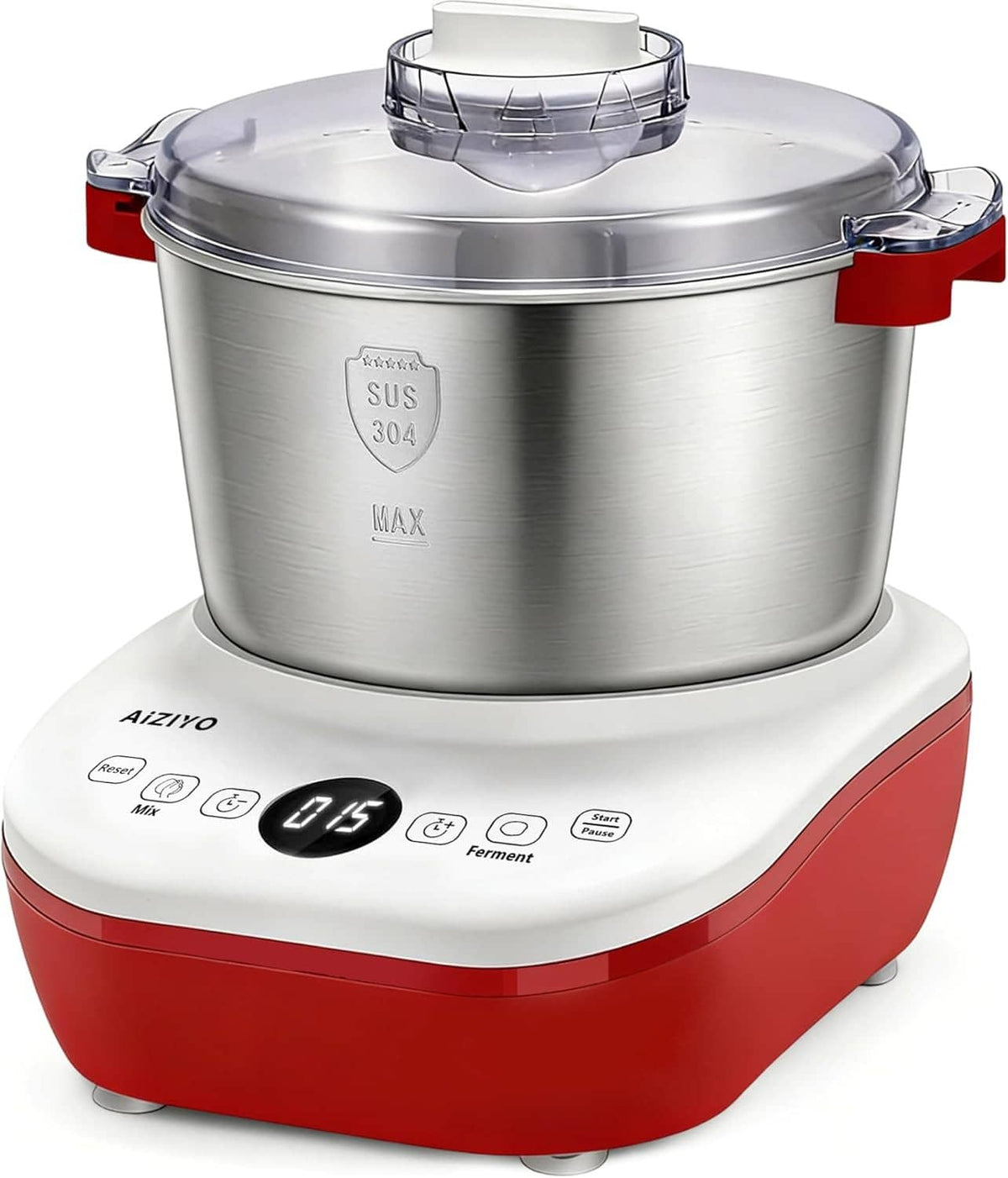 Bread maker dough mixer with clear lid, stainless bowl, red base, and control buttons