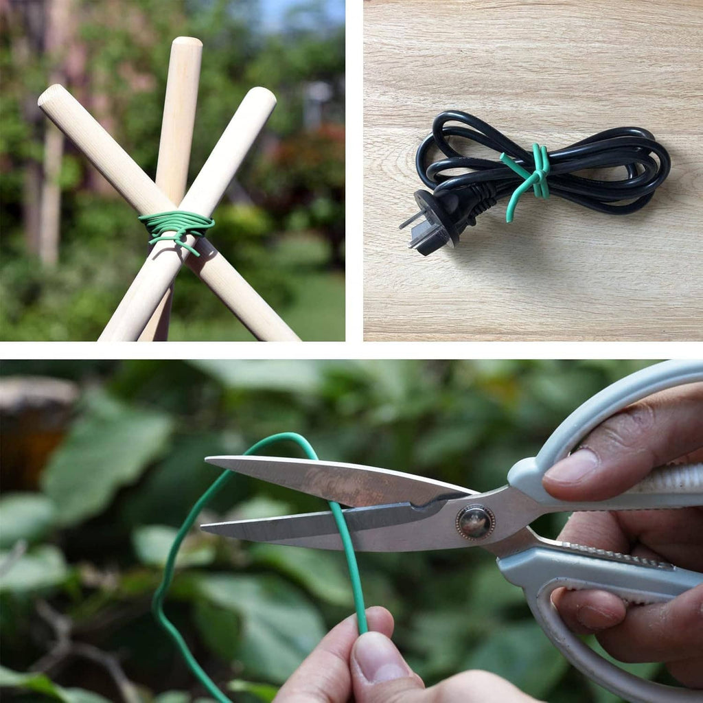 Green twist tie trimmed with scissors for tying plants and securing vines