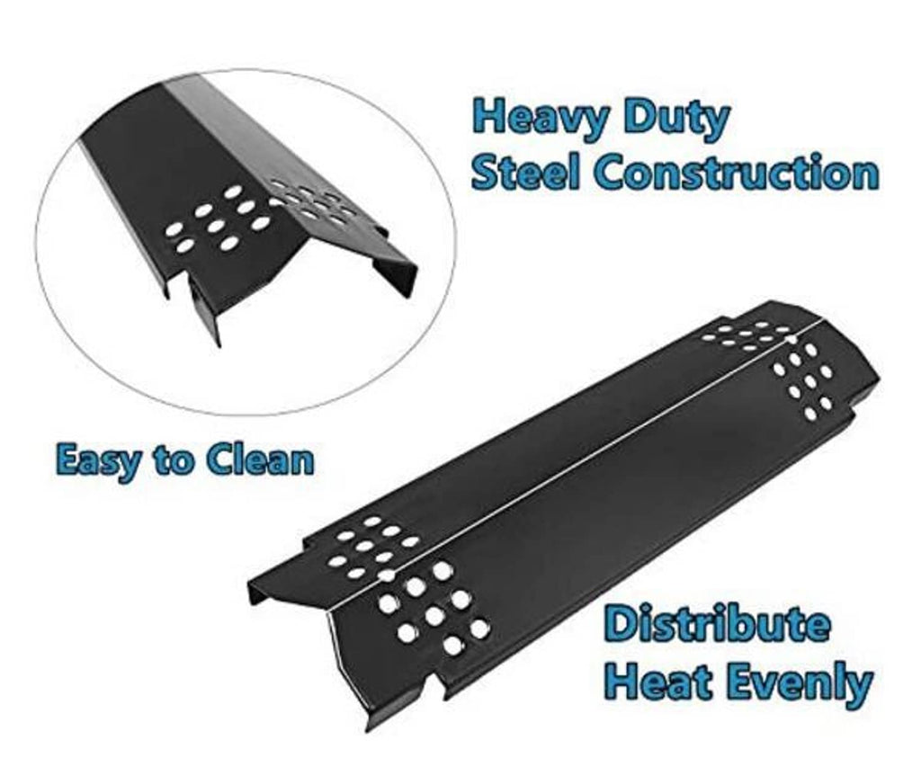Grill heat plate replacement, dark metal with perforated slots and corner mounting tabs
