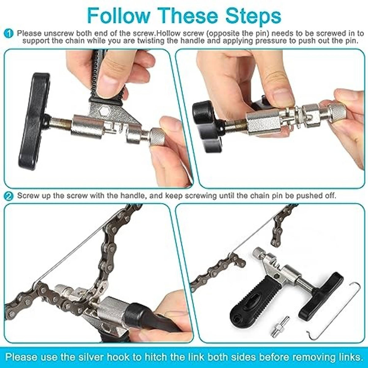 Bike chain breaker tool pressing out a bicycle chain pin, showing hands and parts included
