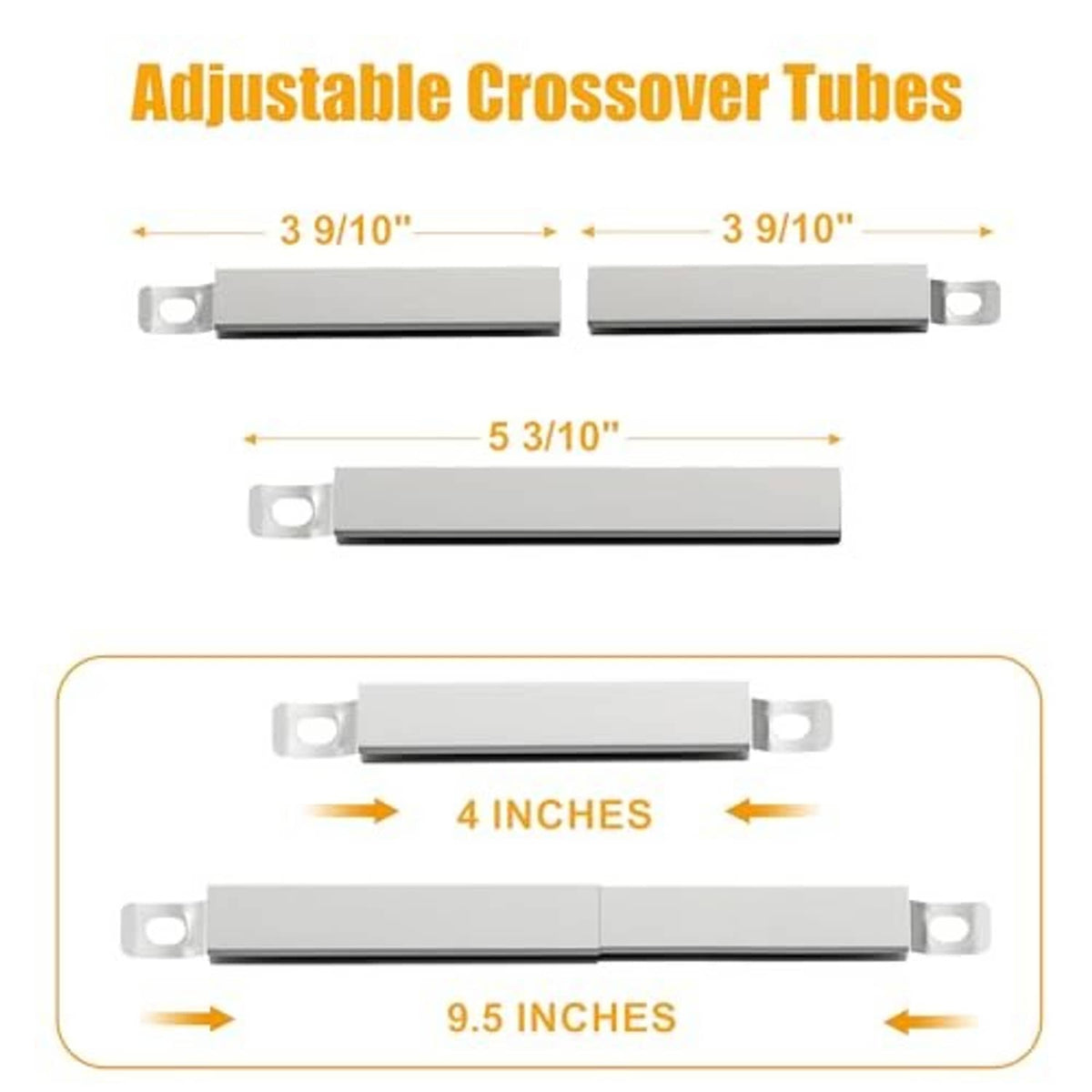 Adjustable stainless crossover tubes with length measurements for grill replacement