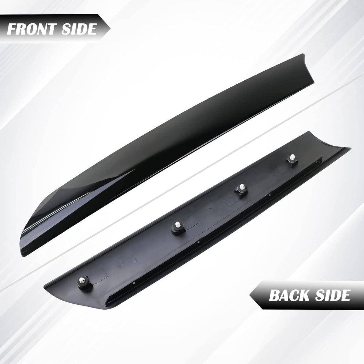 Pair of black A-pillar windshield covers with screw holes, front and back side view
