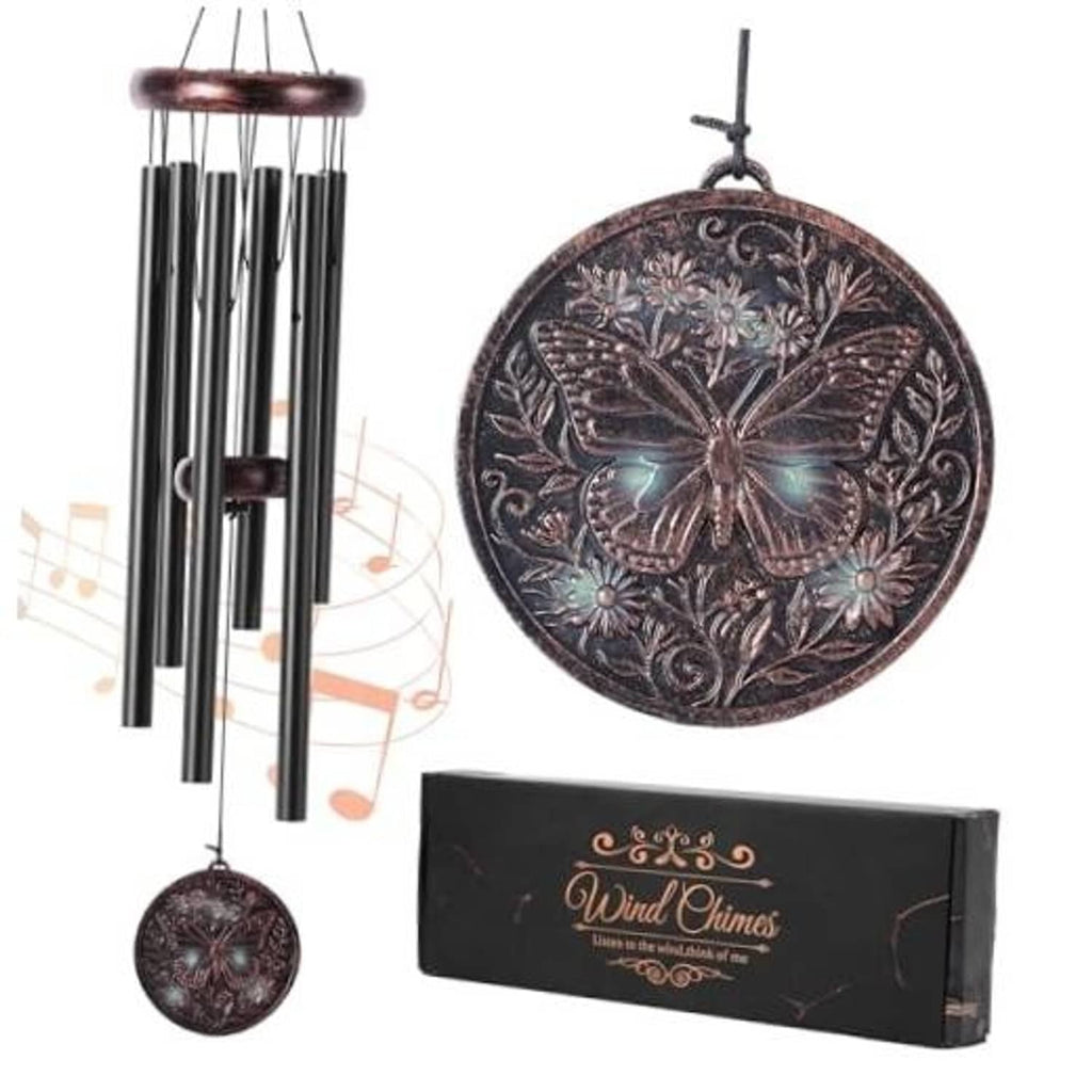 Outdoor wind chime with dark copper butterfly disc and six black aluminum tubes