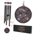 Outdoor wind chime with dark copper butterfly disc and six black aluminum tubes