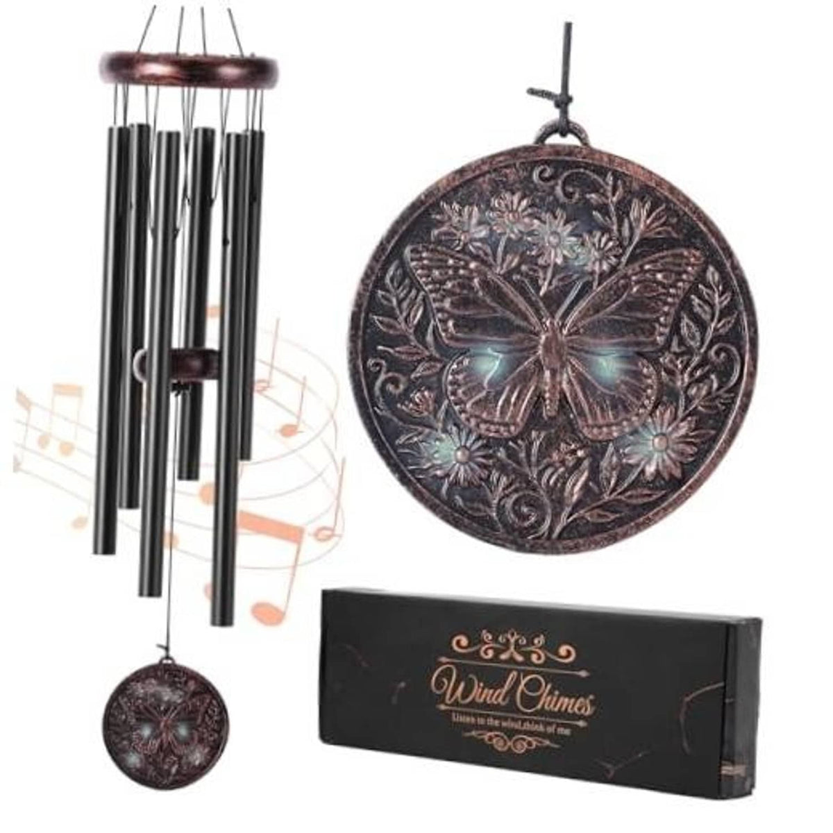 Outdoor wind chime with dark copper butterfly disc and six black aluminum tubes