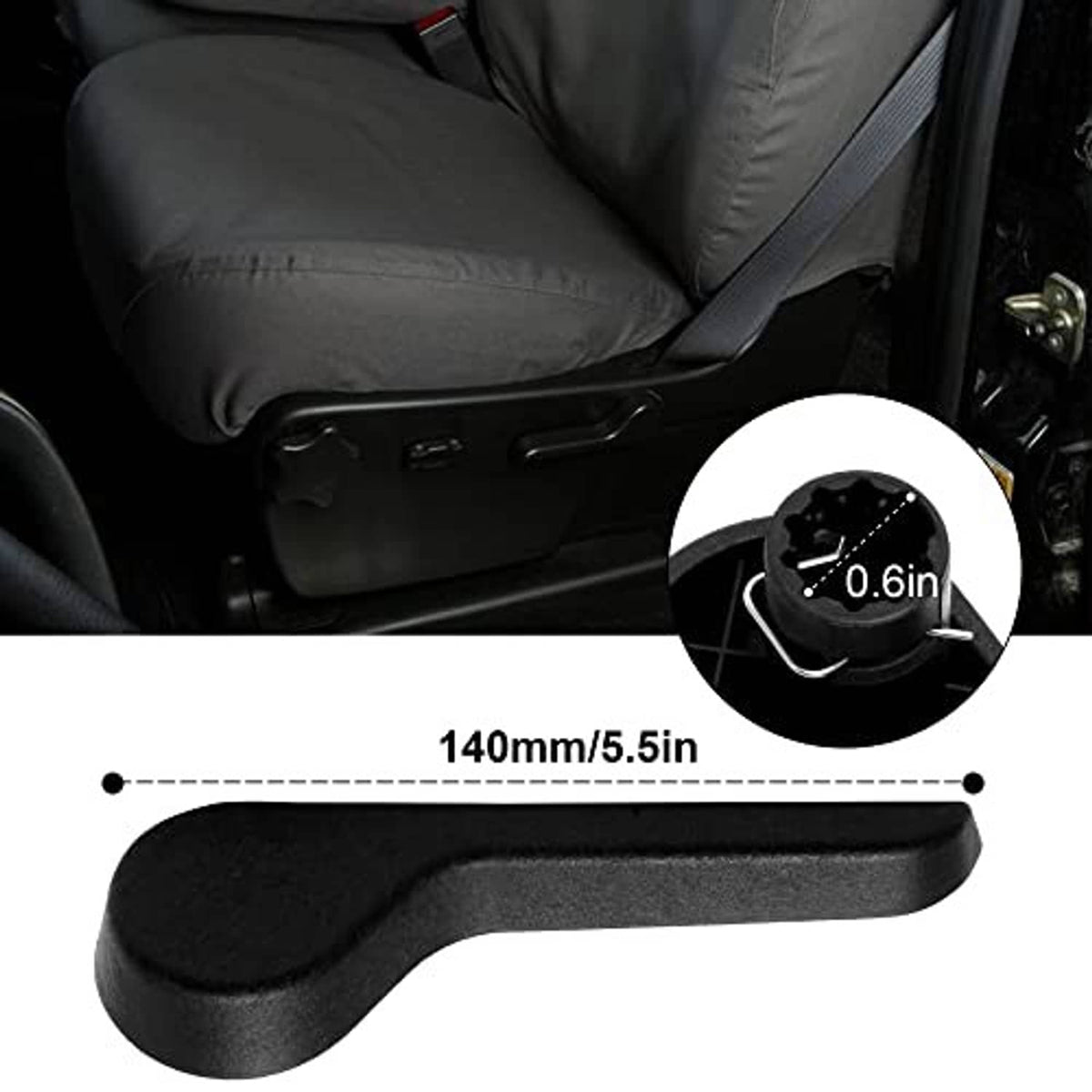 Black seat recliner handle lever with size marking 140 mm (5.5 in)
