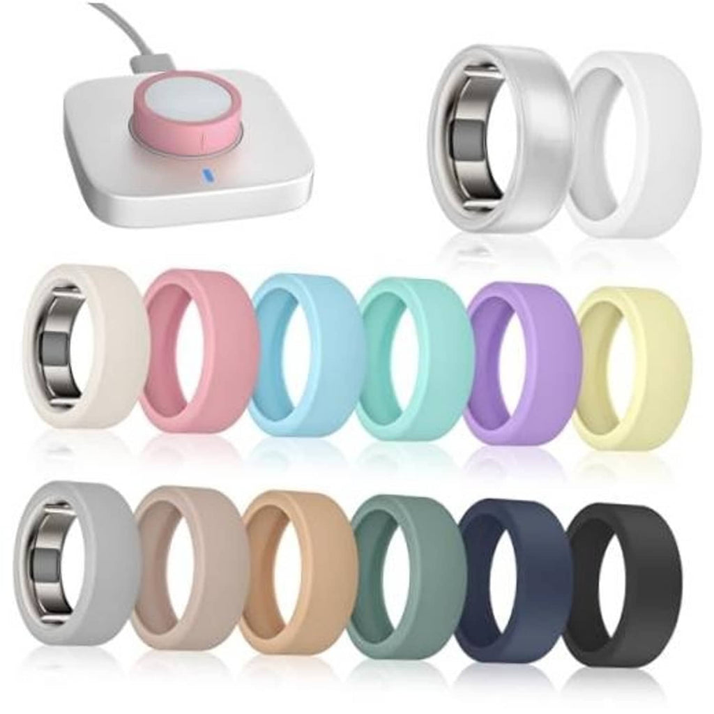 Assorted silicone ring covers set with metal inserts in pastel and dark colors
