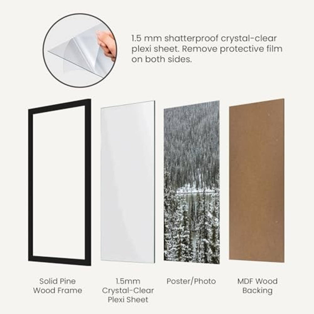 Pine picture frame set with clear plexi sheet and backing panels in multiple colors