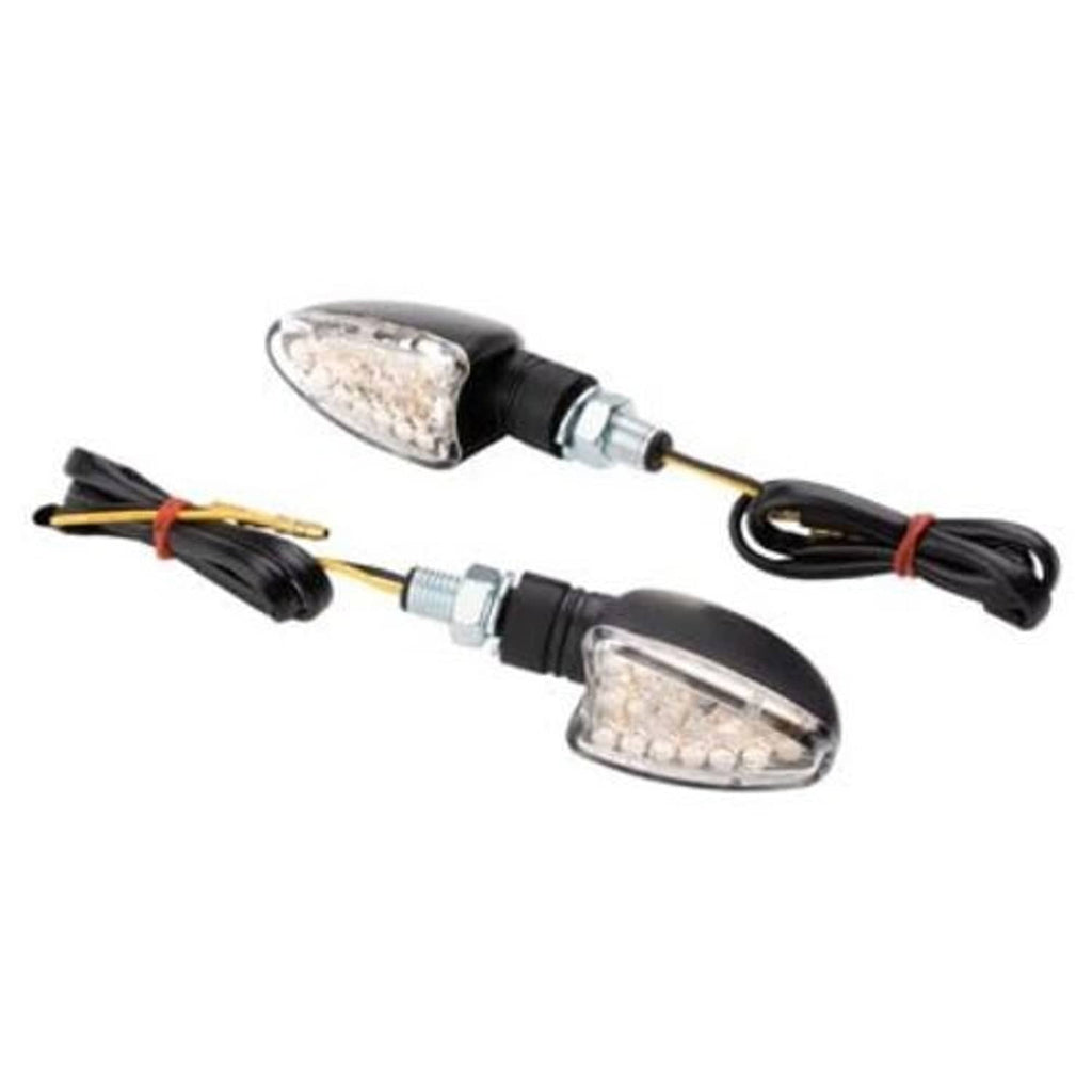 Mini LED turn signal pair with black stalk mounts and clear lens lights with wiring harness