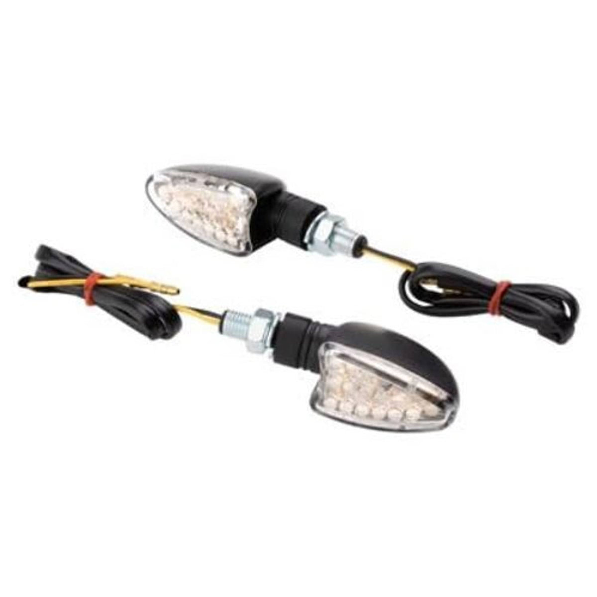 Mini LED turn signal pair with black stalk mounts and clear lens lights with wiring harness