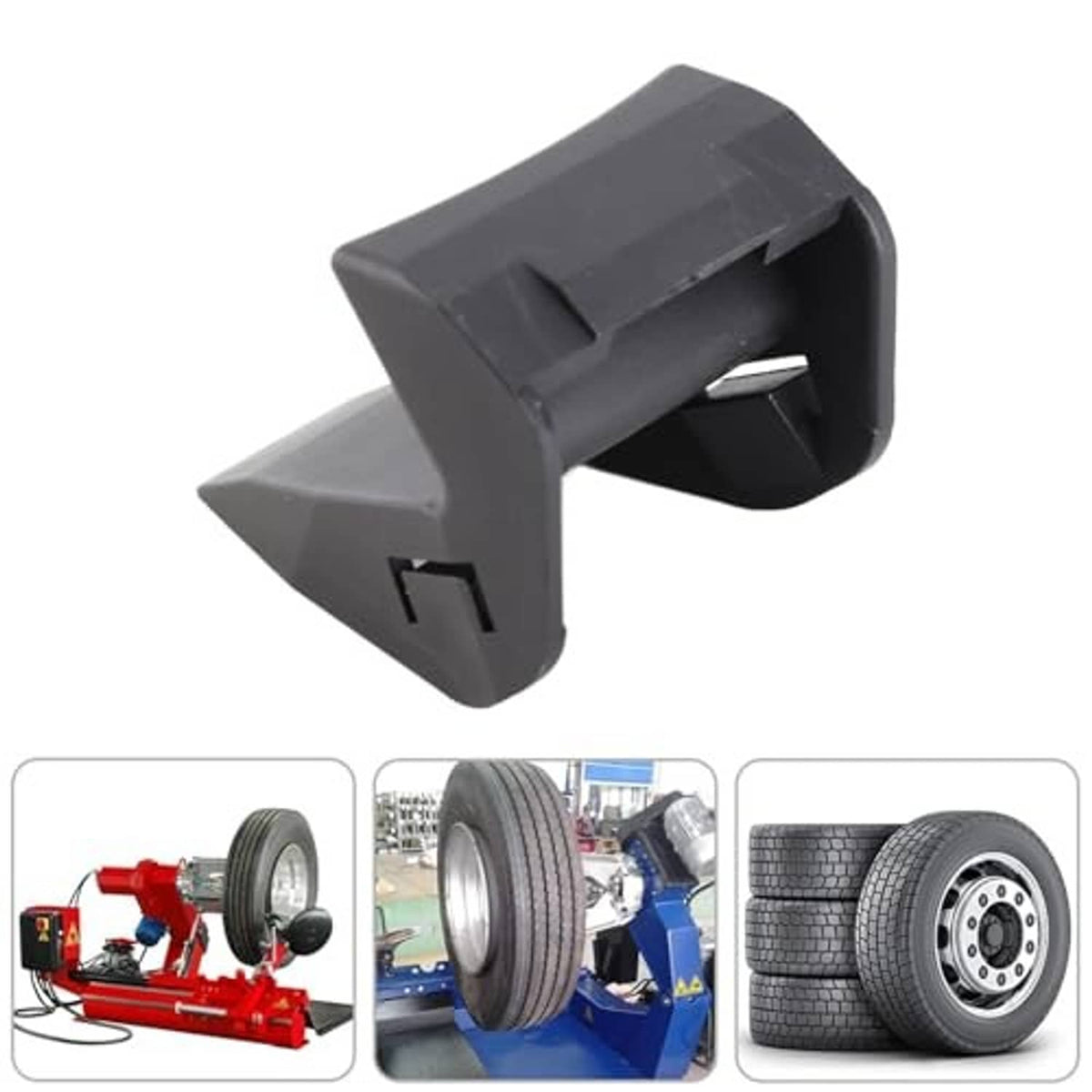 Close-up of dark gray tire changer jaw protector guard with front slot and tabs