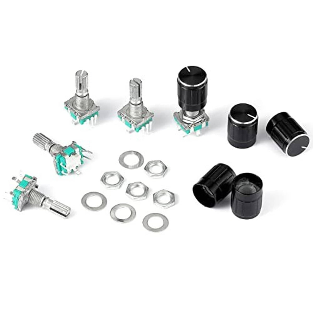 Rotary encoder code switch kit with metal modules, black knobs, and mounting hardware