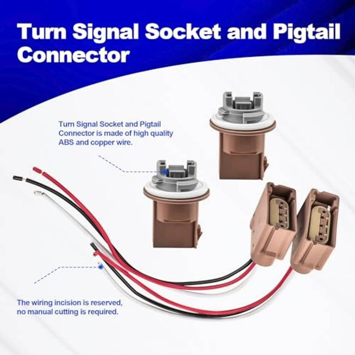 Turn signal socket and pigtail connector set with wire harness; brown housings, red/black leads.