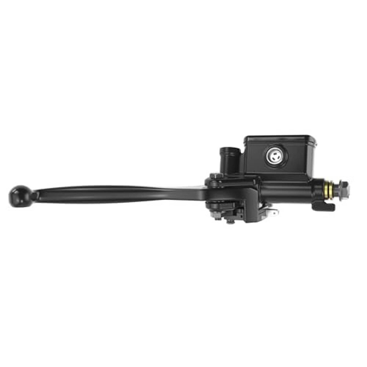 Brake master cylinder lever pump with black housing, long lever, and side fitting