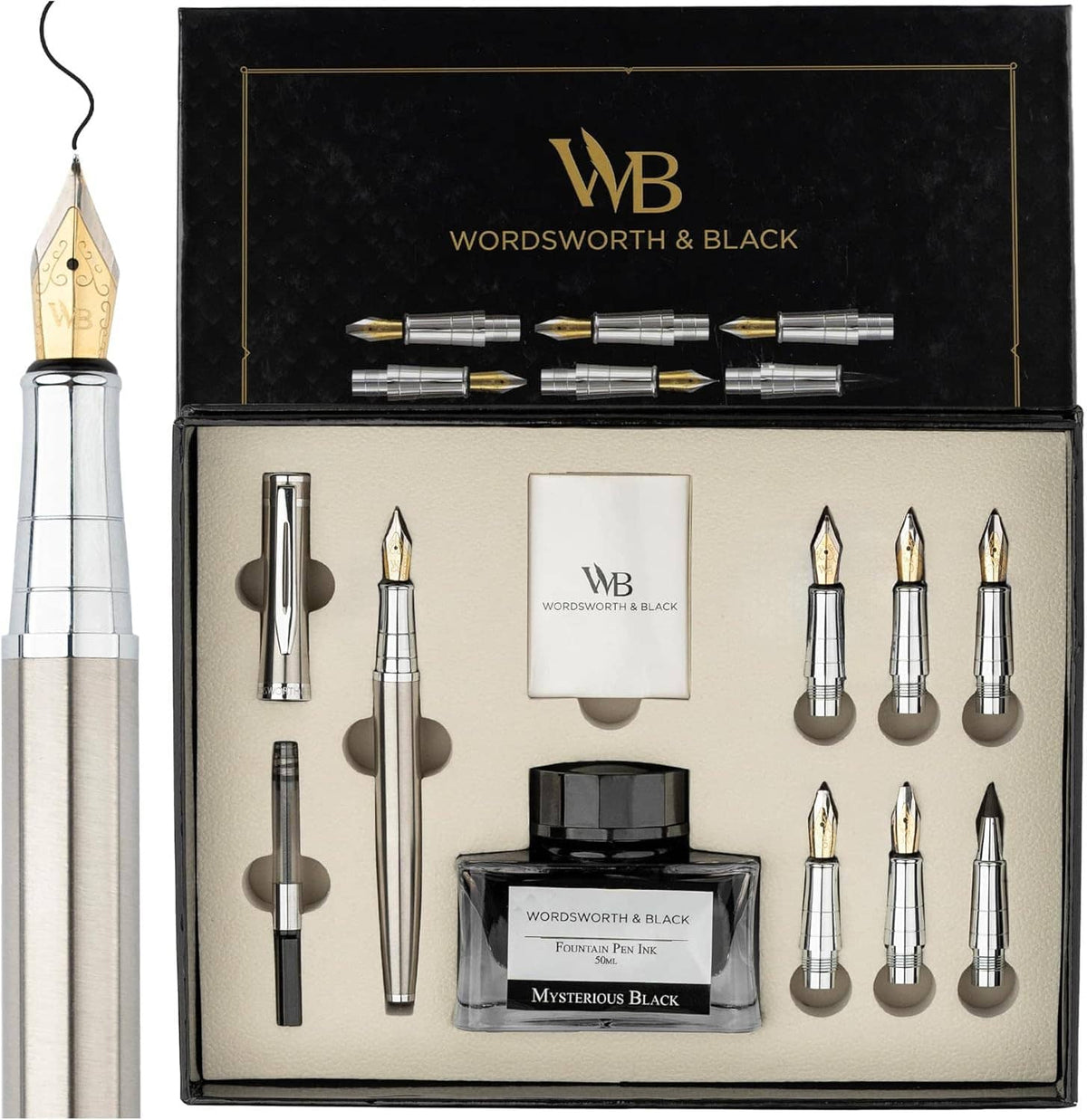 Calligraphy pen gift set showing six nib cartridges, converter, and ink bottle in box