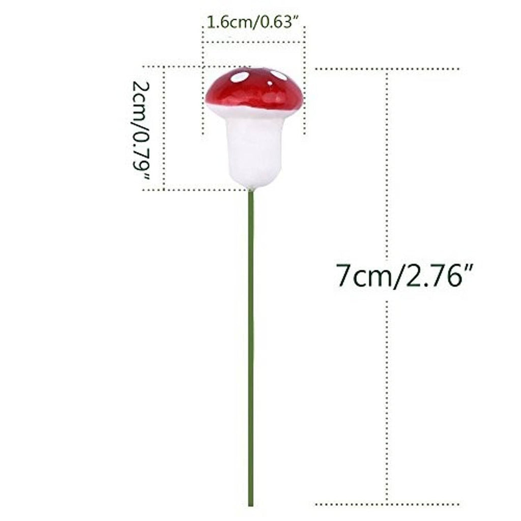 Red foam mushroom ornament with white spots on green pick stem, about 7cm