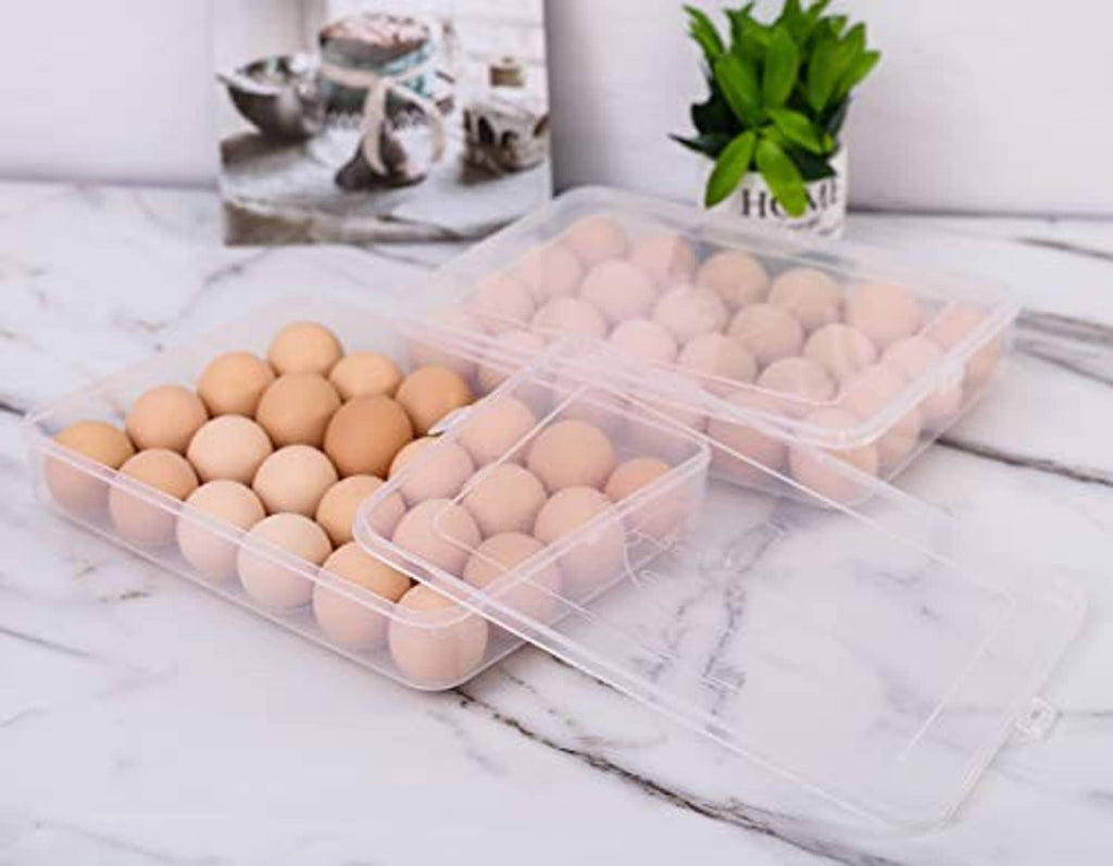 Clear plastic egg holder set with lids, filled with brown and white eggs