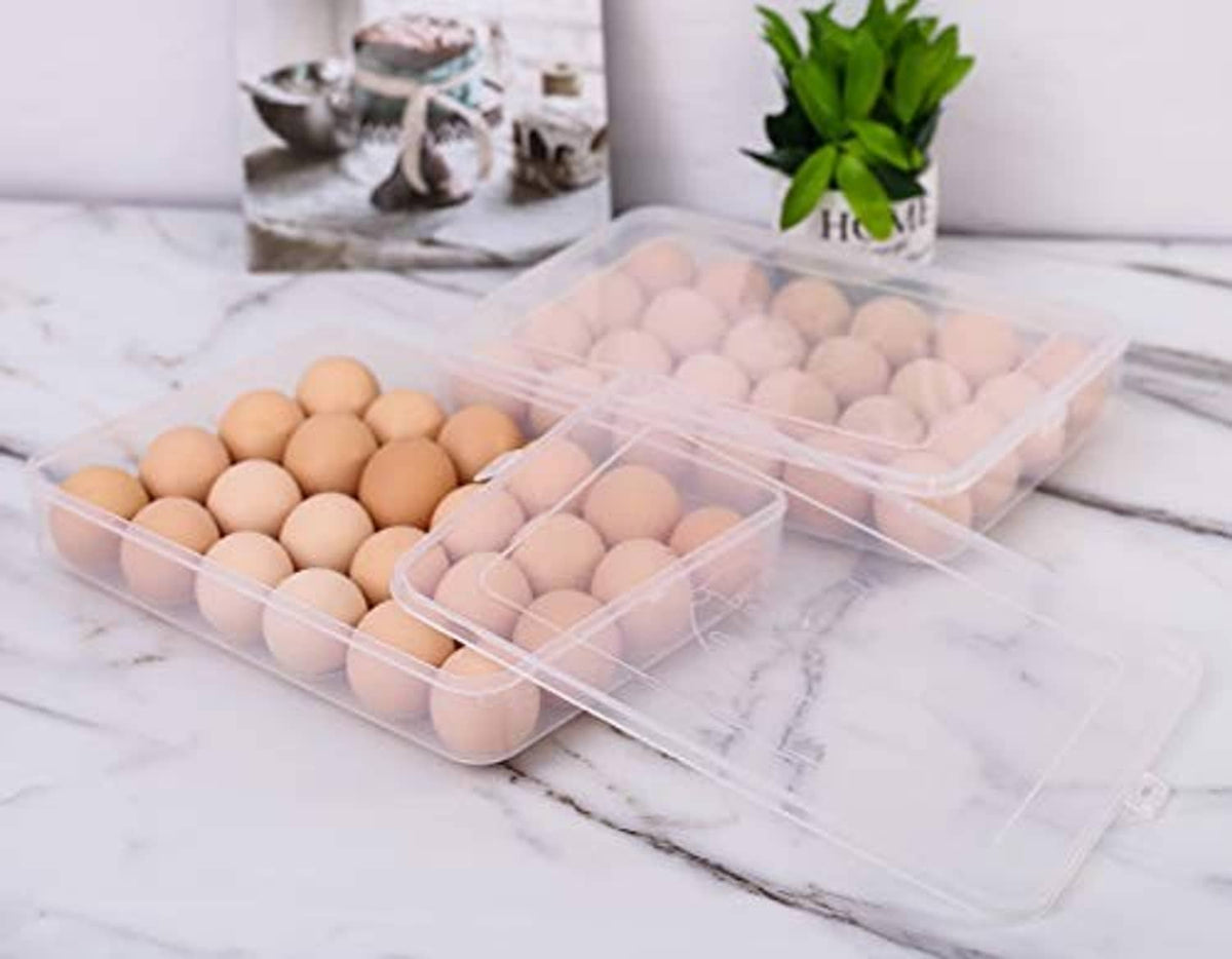 Clear plastic egg holder set with lids, filled with brown and white eggs