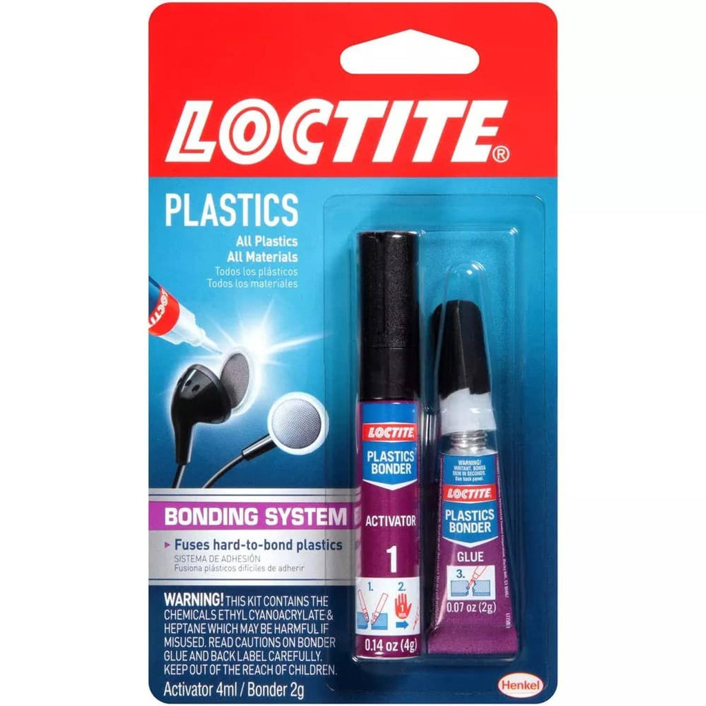 Loctite Plastics Bonding System kit blister pack with activator and glue bottles