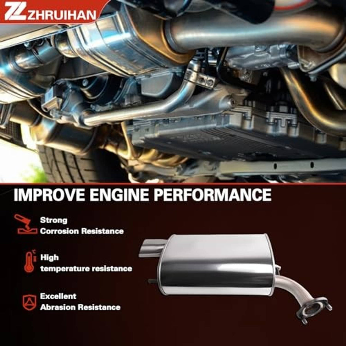 Stainless resonator muffler section with connected exhaust pipes shown in vehicle bay