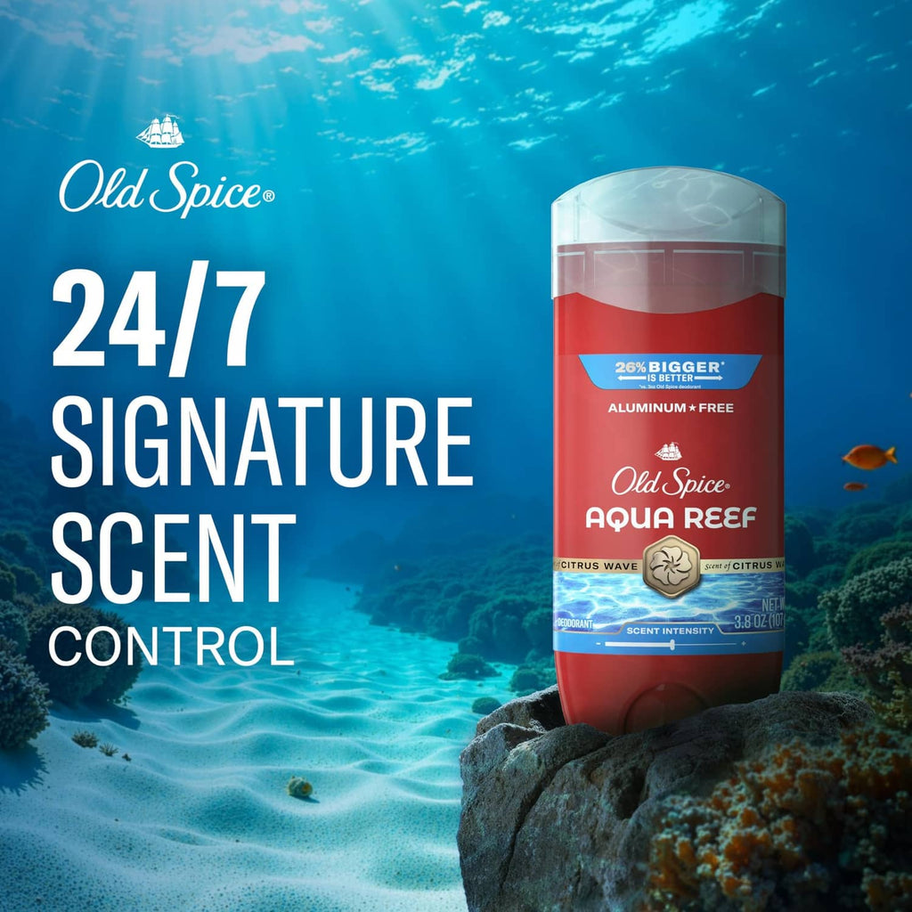 Old Spice Aqua Reef deodorant stick, red label and clear cap.