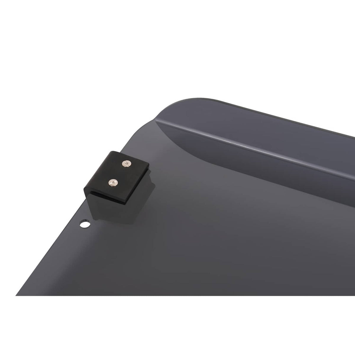 Tinted windshield panel with black mounting plate and round hole on top edge