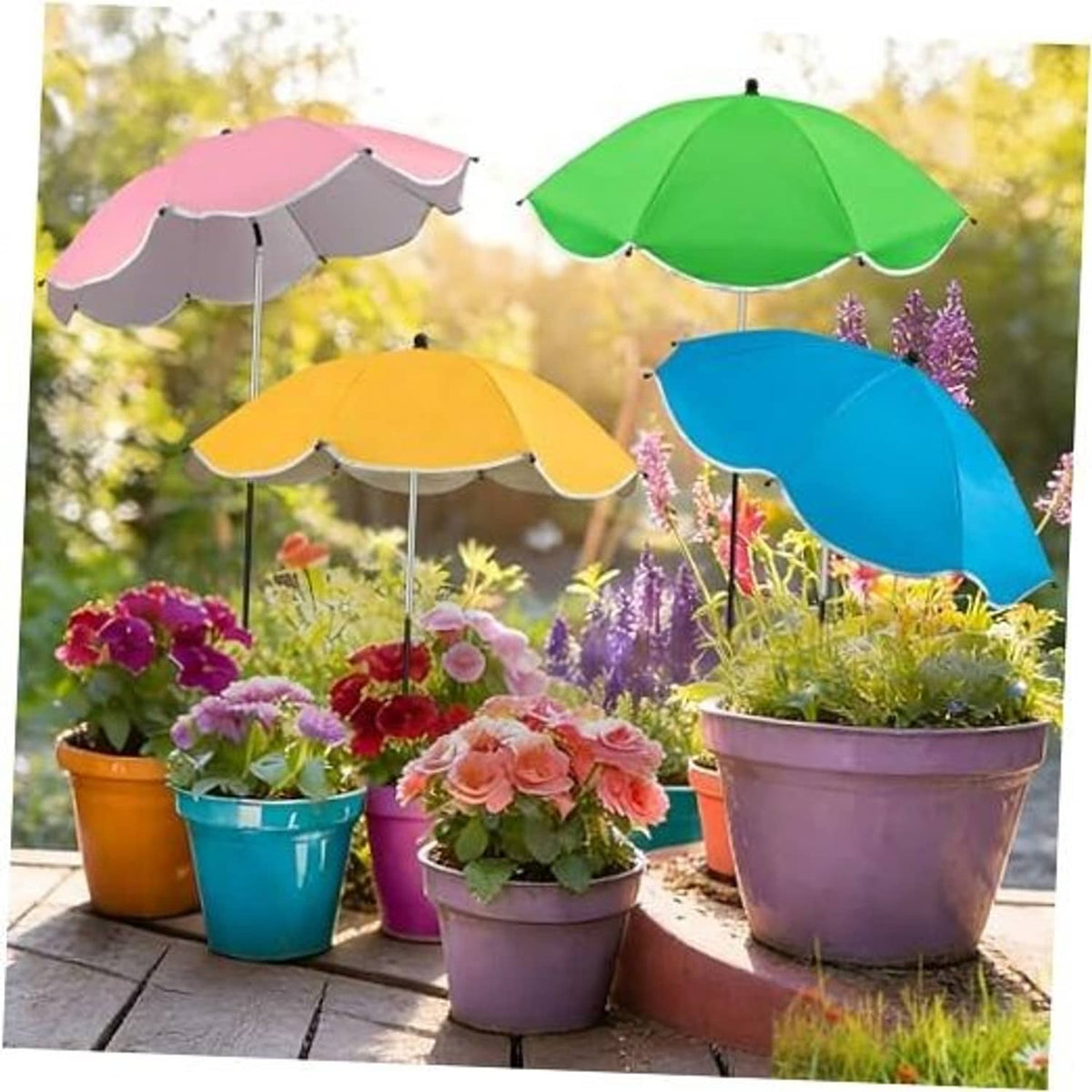 Garden plant umbrellas, four colorful canopy shades on metal stakes