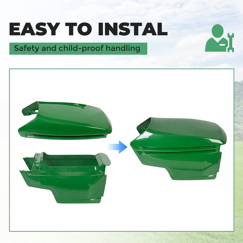 Green mower hood cover with mounting pieces shown for easy installation
