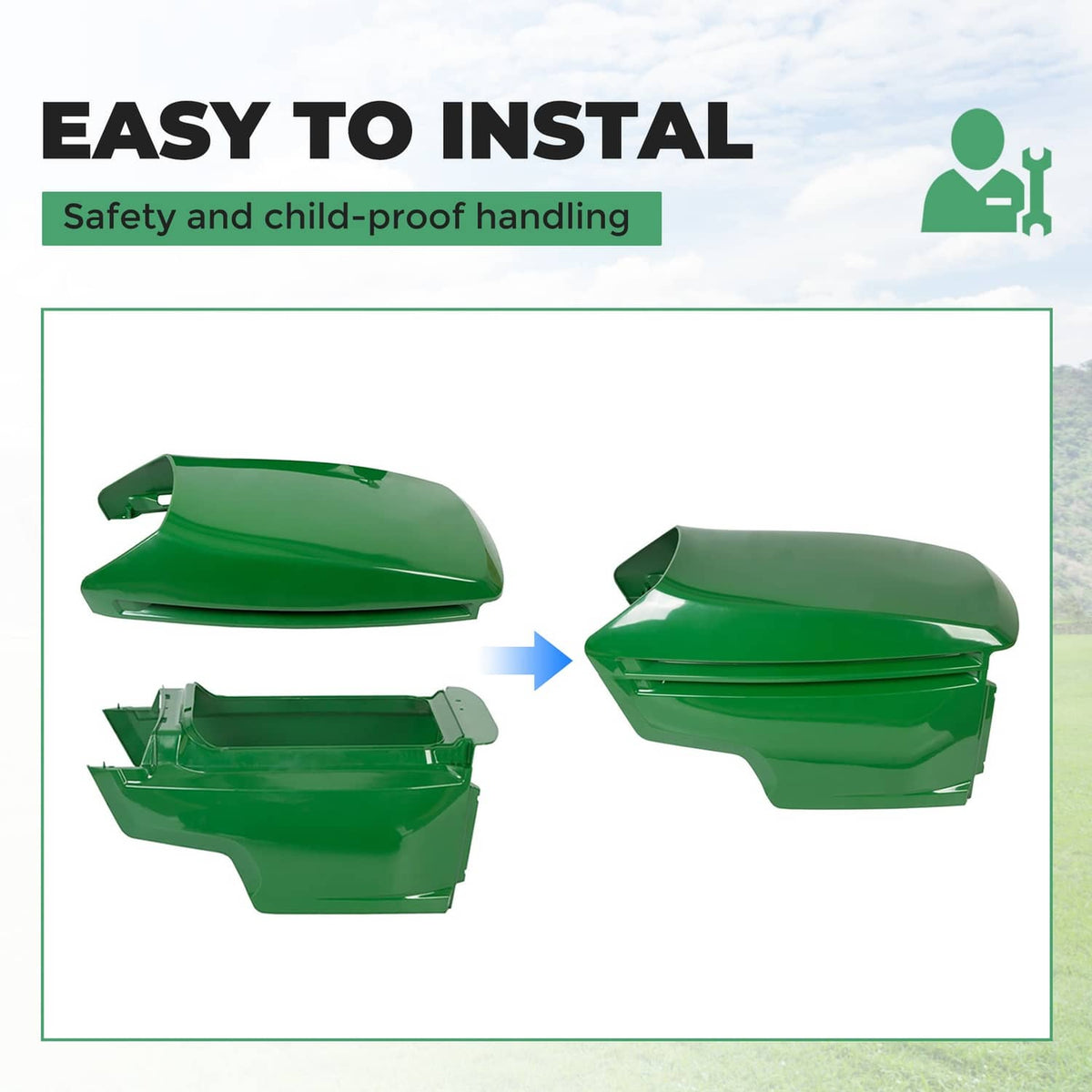 Green mower hood cover with mounting pieces shown for easy installation