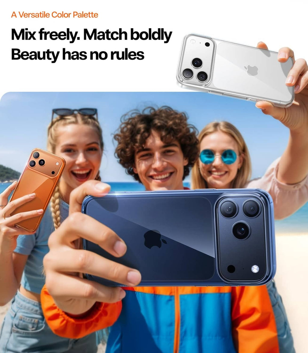 Blue clear iPhone 17 Pro Max case in hand, showing slim design and camera cover