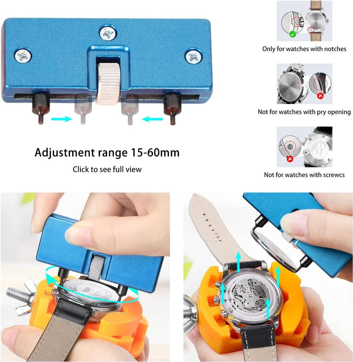 Blue watch case opener tool with adjustable range marks for notch watch backs
