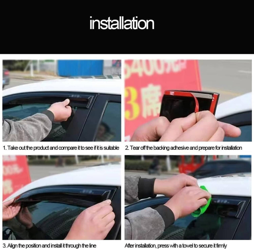 Window visor rain guards installation on car window using adhesive backing