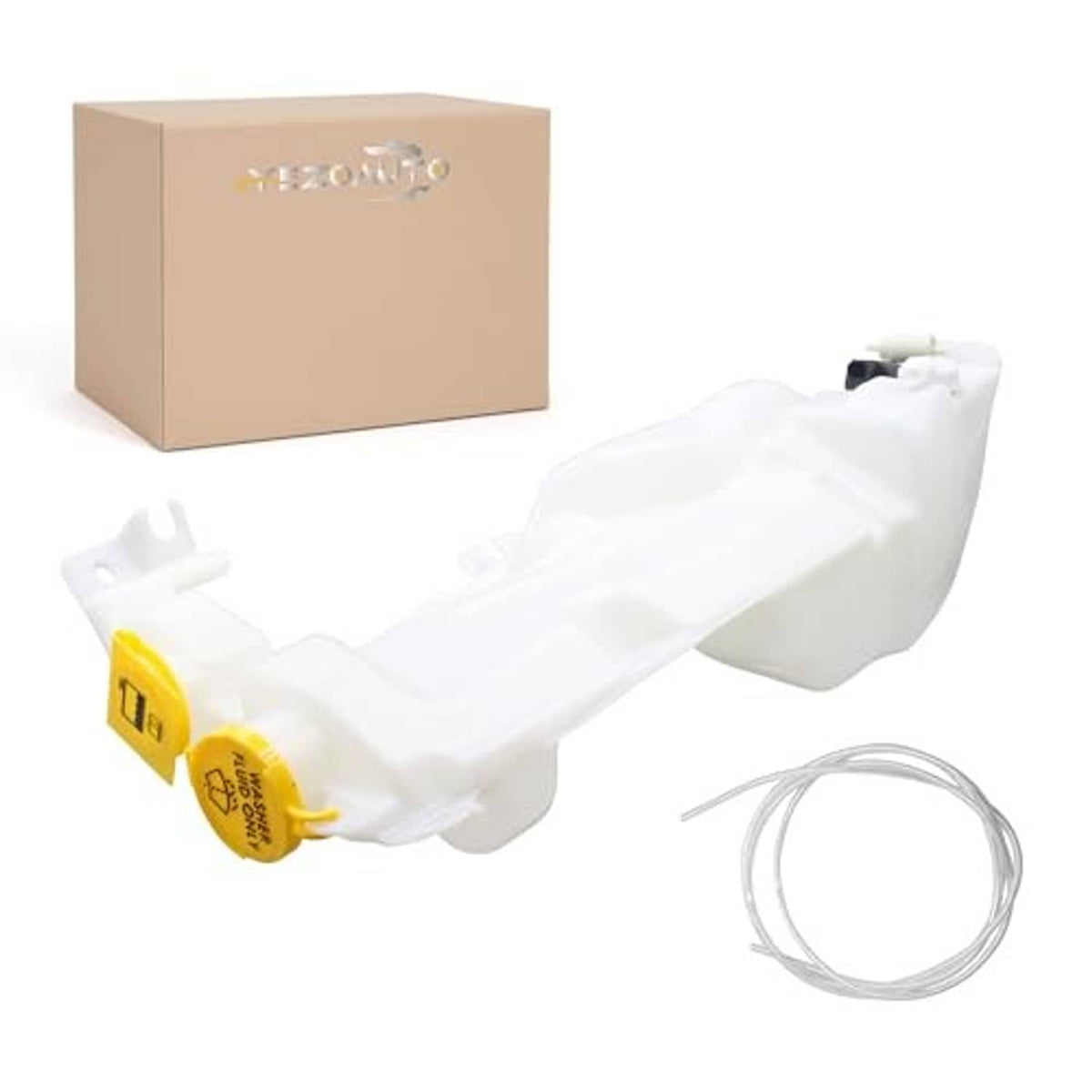 White coolant reservoir bottle with yellow caps and attached lines
