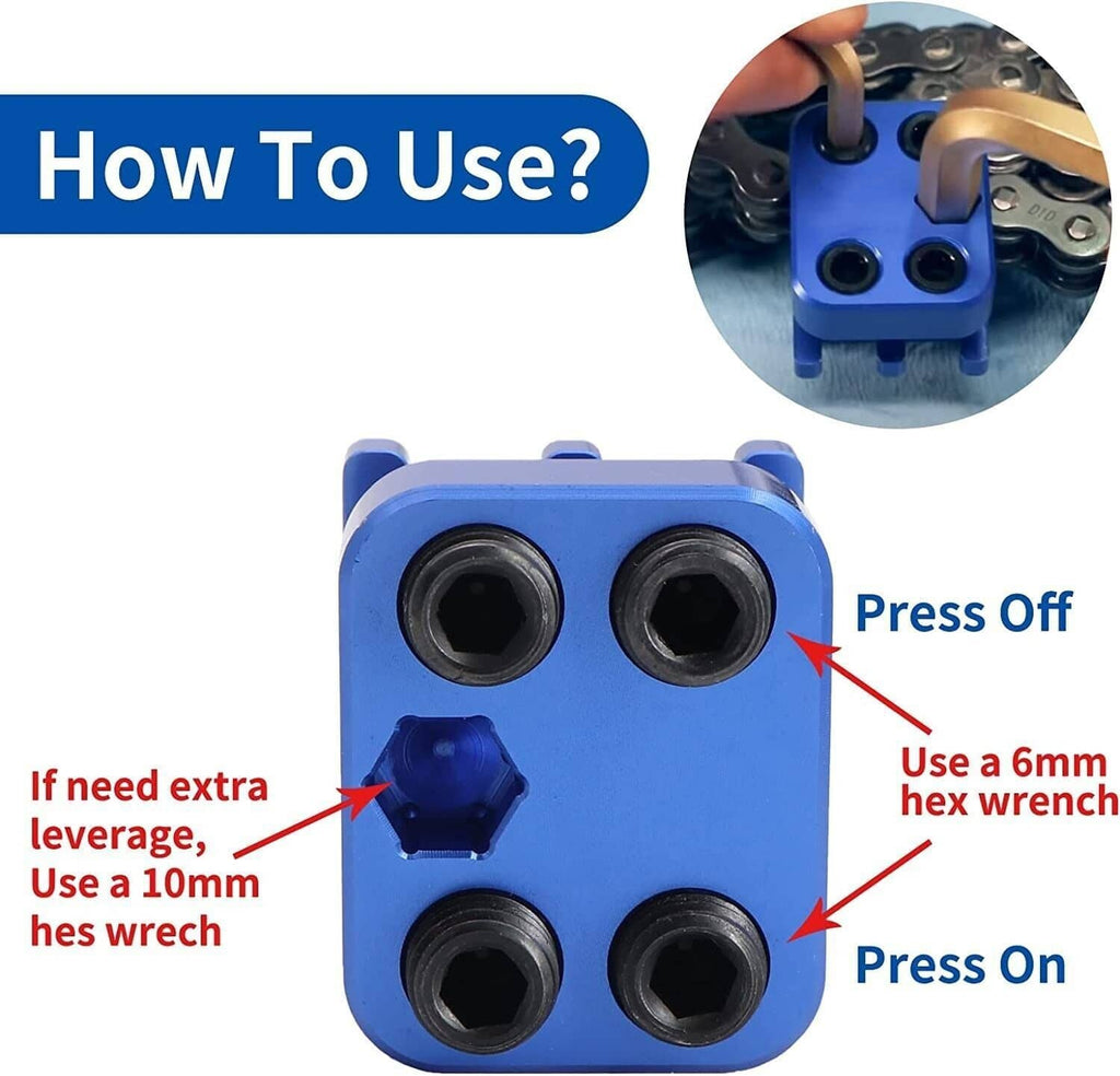 Blue master link chain press tool with four black dies and side adjustment hole