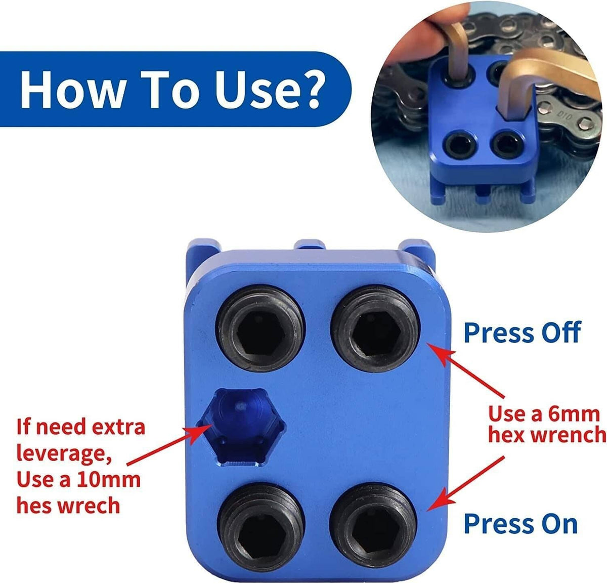 Blue master link chain press tool with four black dies and side adjustment hole
