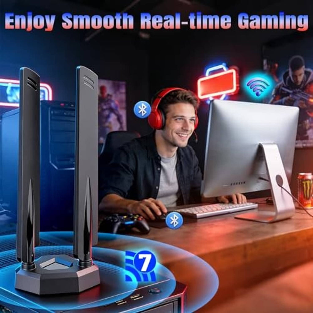 Dual black WiFi 7 antennas on desktop base with cable, for home gaming setup