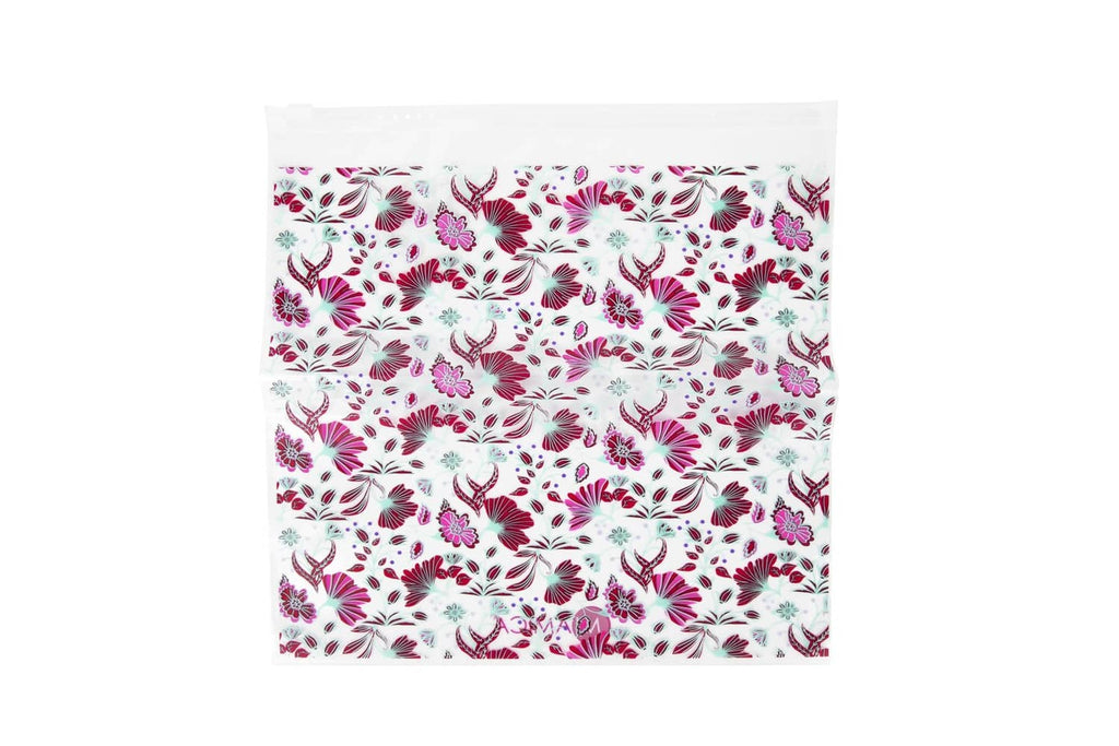 Resealable toiletry bag with pink floral pattern, zip-seal top