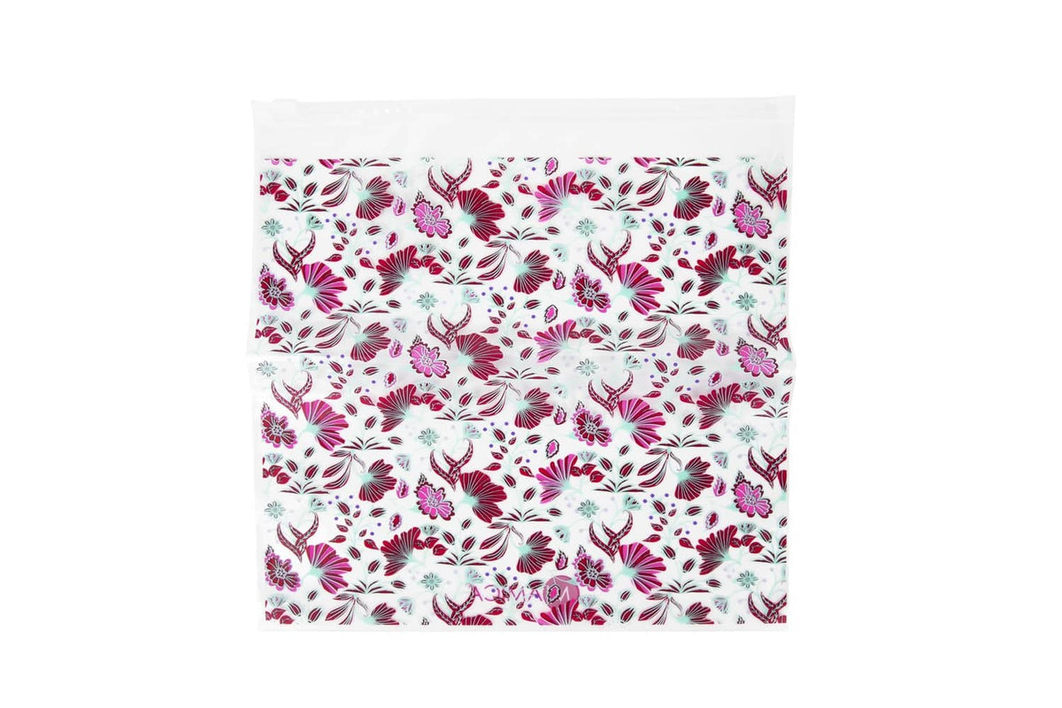 Resealable toiletry bag with pink floral pattern, zip-seal top
