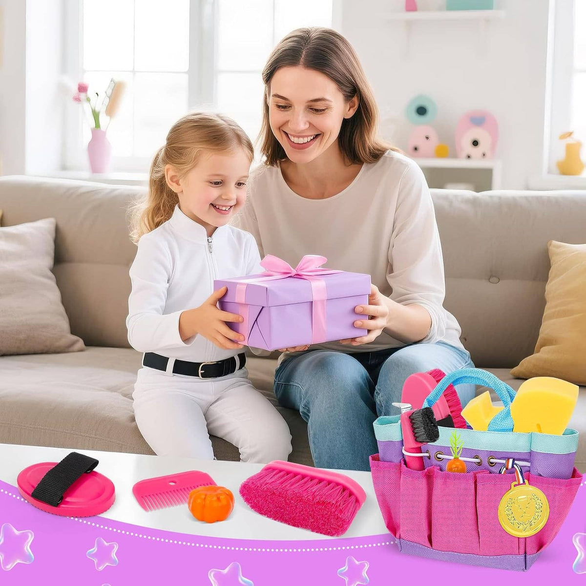 Pink tote bag filled with horse grooming brushes and combs on a sofa