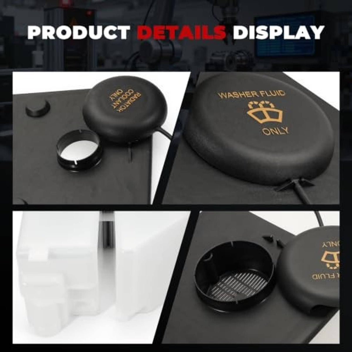Coolant and washer fluid reservoir tank with two black caps, embossed label details close-up