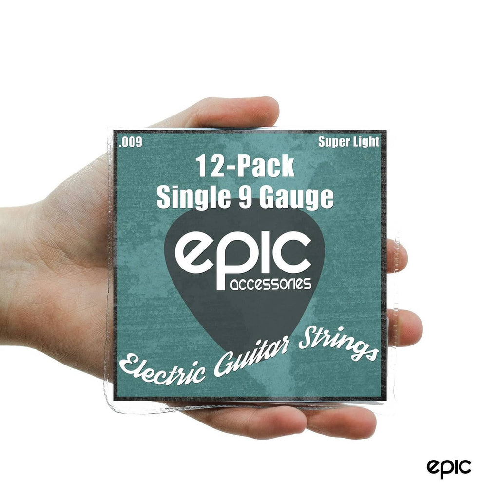 Hand holding Epic Accessories 12-pack single 9 gauge electric guitar strings