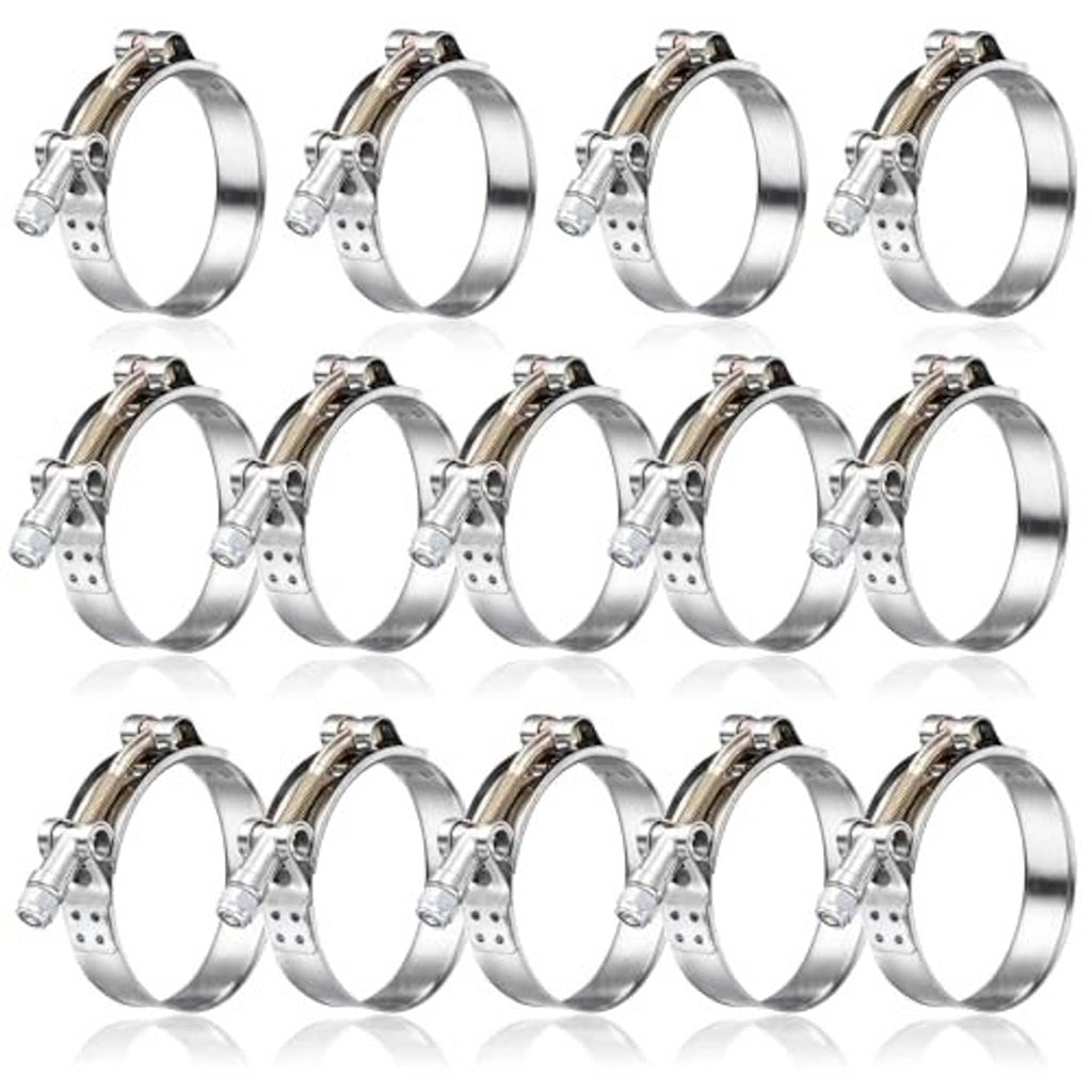 14-pack t-bolt hose clamps, shiny metal bands with threaded bolt and locking head