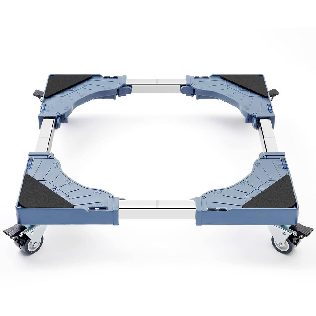 Adjustable furniture dolly with blue frame and 4 dual-locking swivel wheels