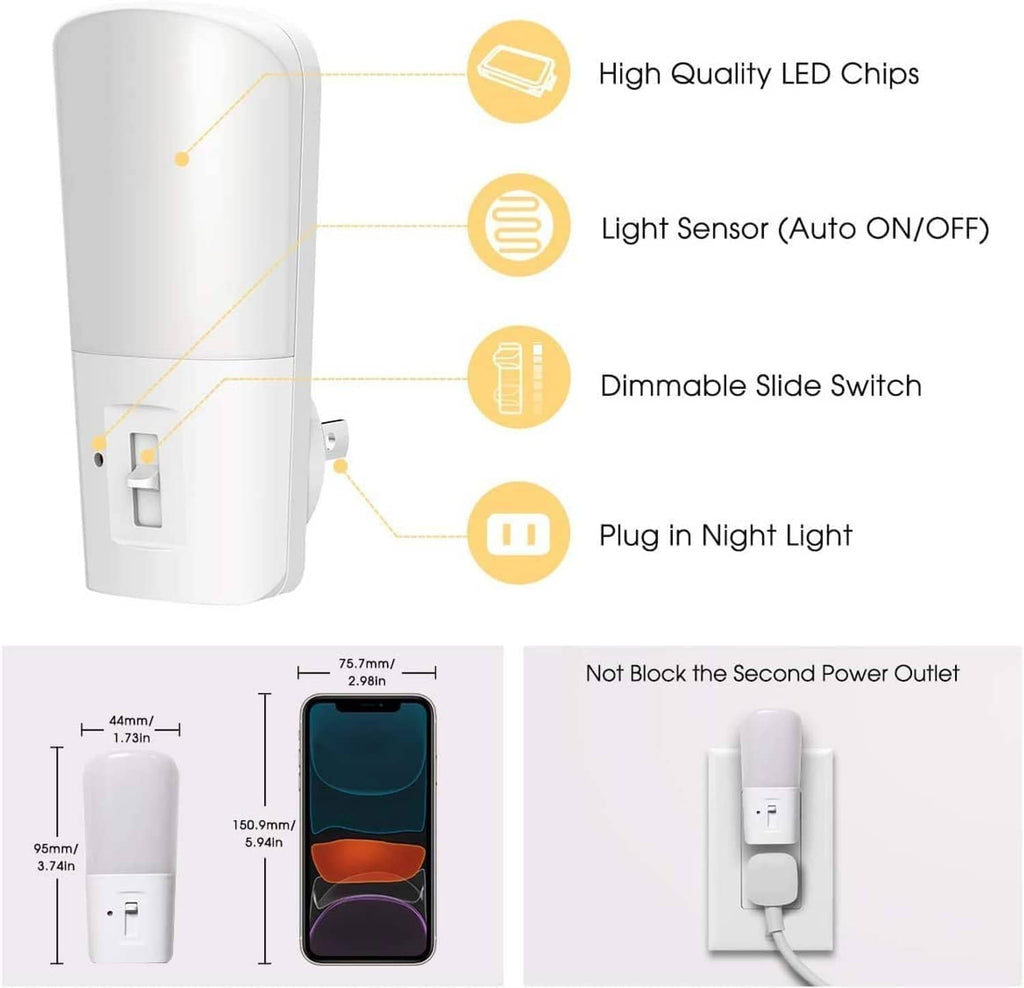 White plug-in LED night light with light sensor and slide dimmer switch
