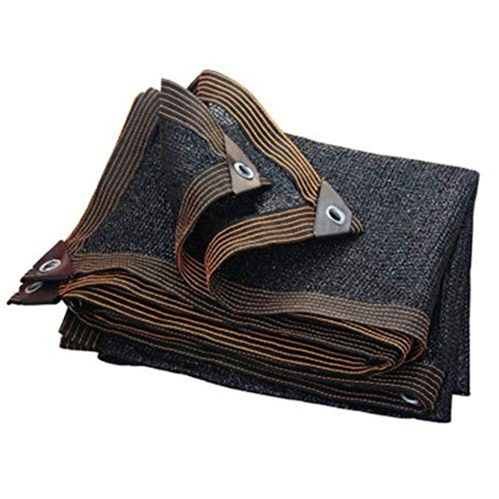 Black shade cloth with striped binding edge and multiple metal eyelets, folded