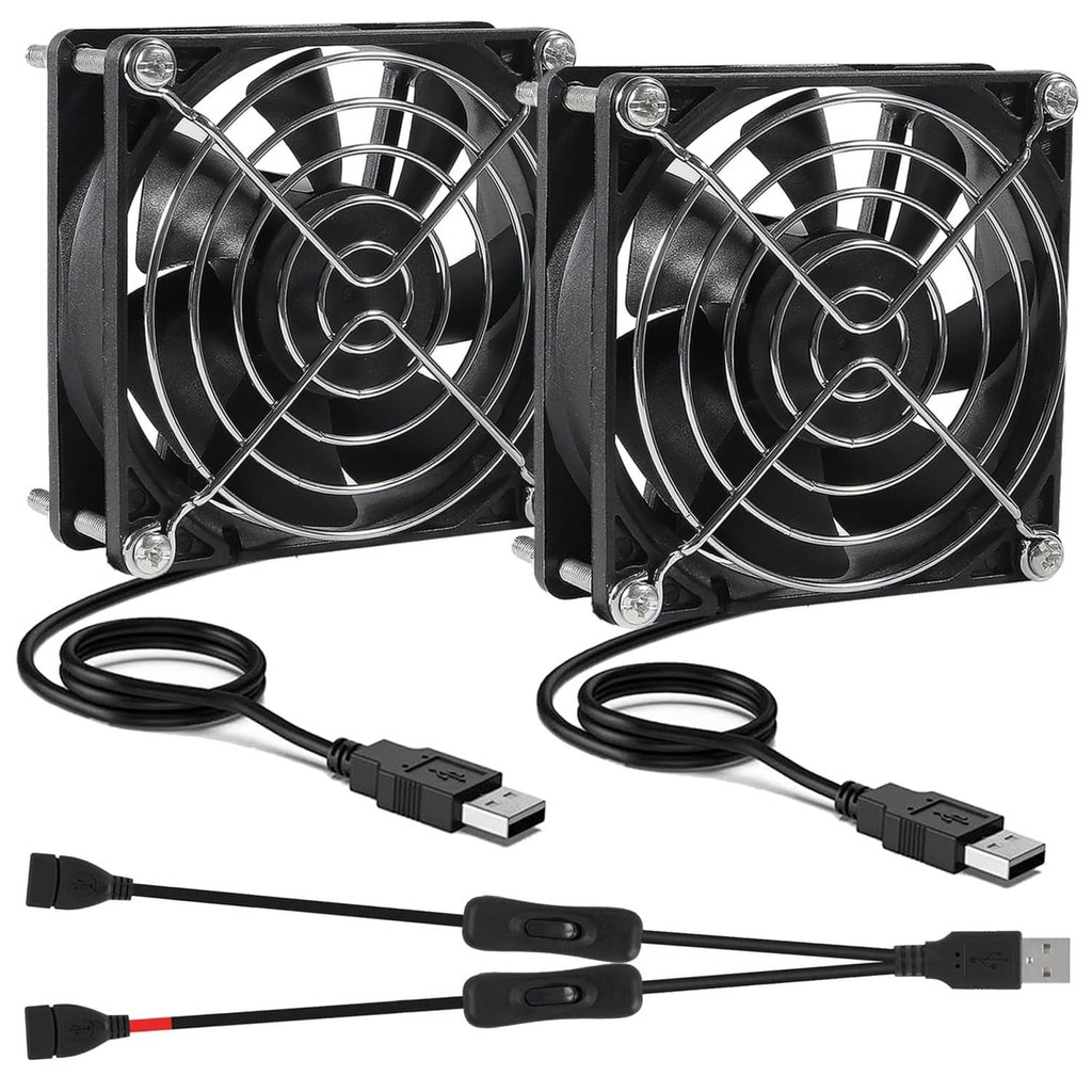 Pair of 80mm USB cooling fans with black frames, cables and inline on/off switches