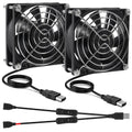 Pair of 80mm USB cooling fans with black frames, cables and inline on/off switches