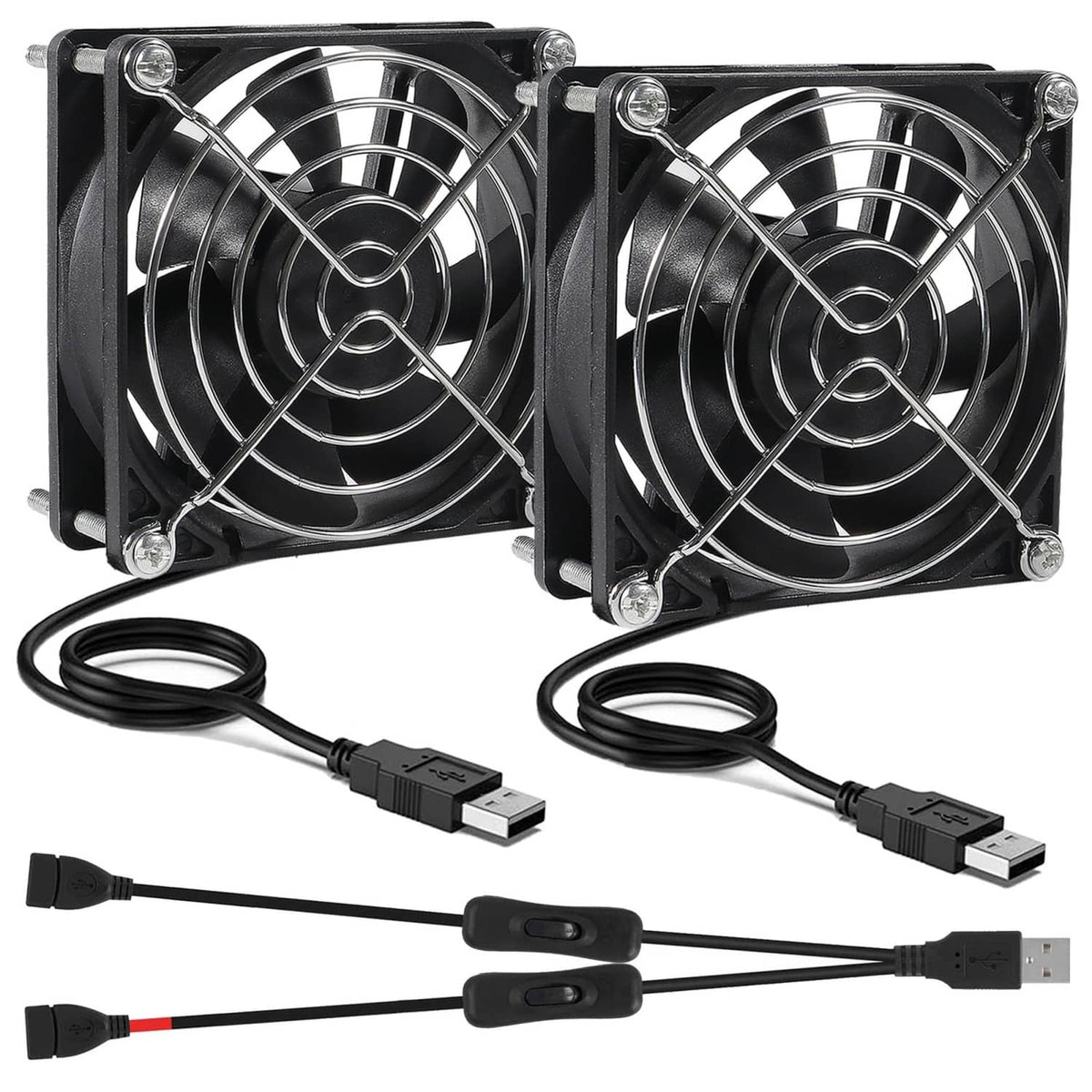 Pair of 80mm USB cooling fans with black frames, cables and inline on/off switches